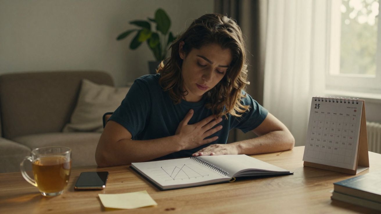 Mulher sentada à mesa, com a mão no peito, olhando preocupada para gráfico em caderno aberto.