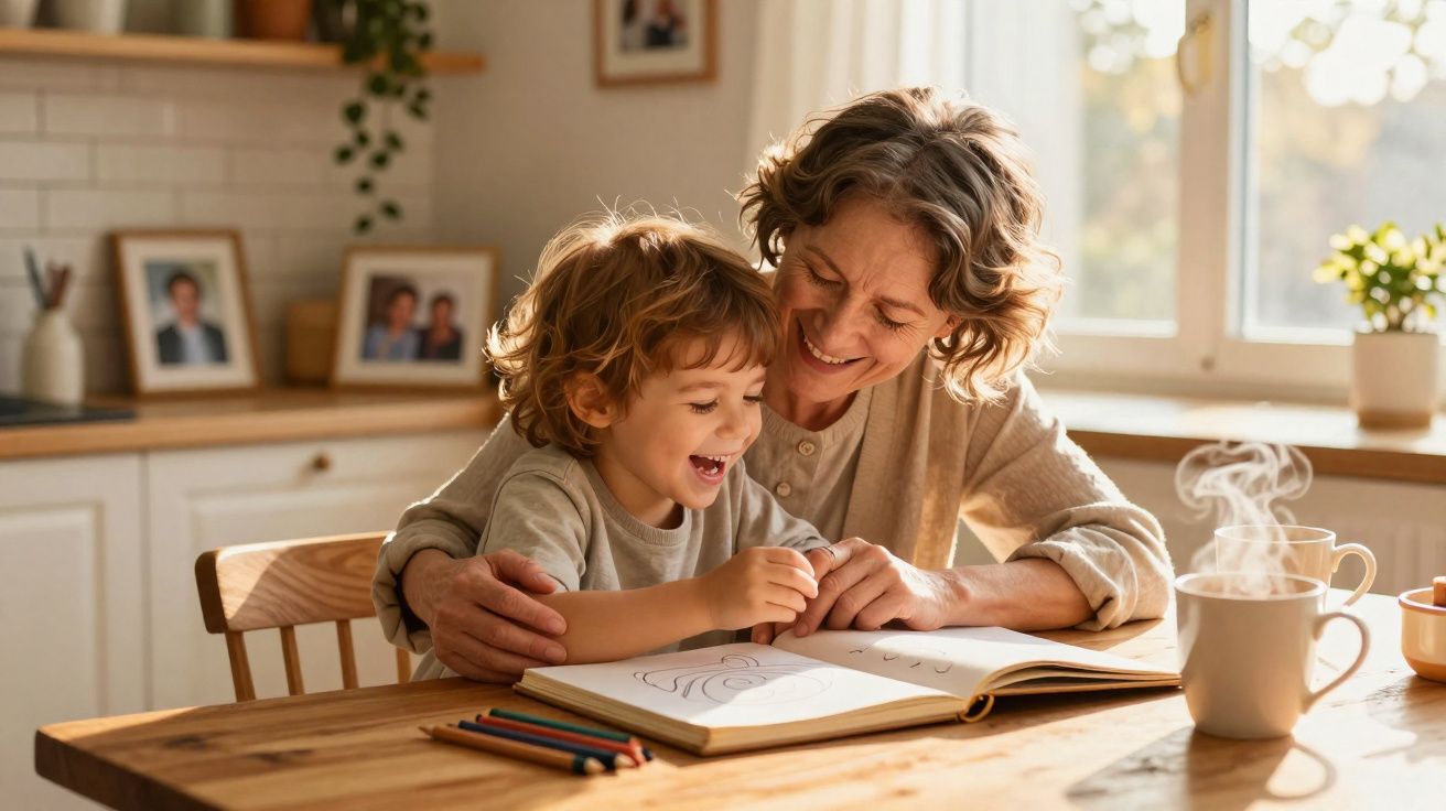 Mulher e criança sorriem enquanto desenham e pintam juntos numa mesa de madeira em casa iluminada.