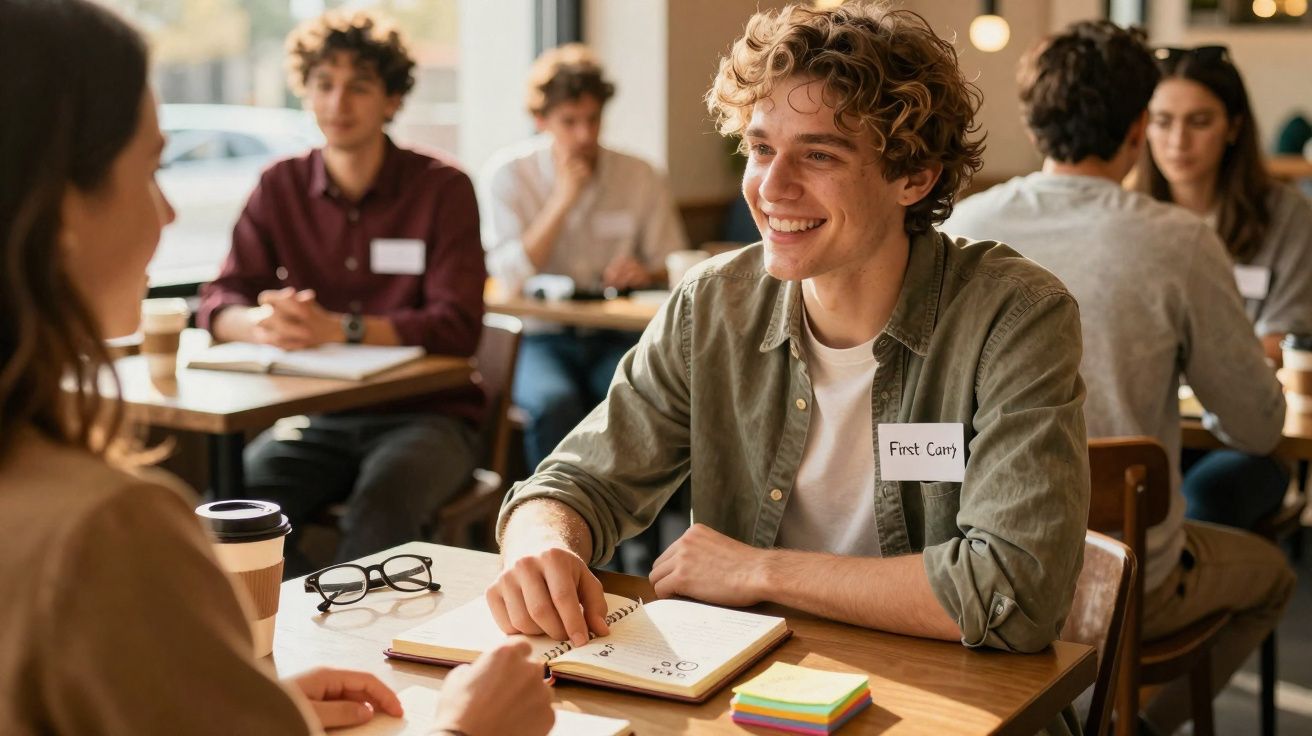 Jovem sorridente conversa com outra pessoa num ambiente de estudo com mais estudantes ao fundo.