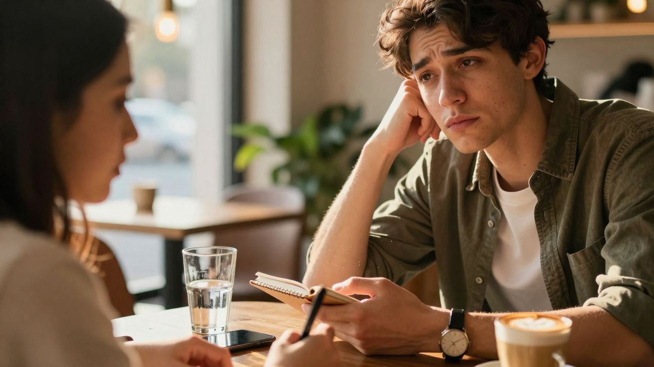 Jovem preocupado conversa com mulher num café, segurando caderno e caneta numa mesa com bebida.