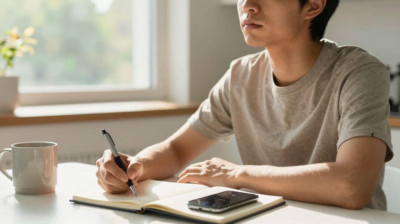 Pessoa a escrever num caderno, com telemóvel e caneca na mesa, junto a uma janela iluminada pela luz natural.