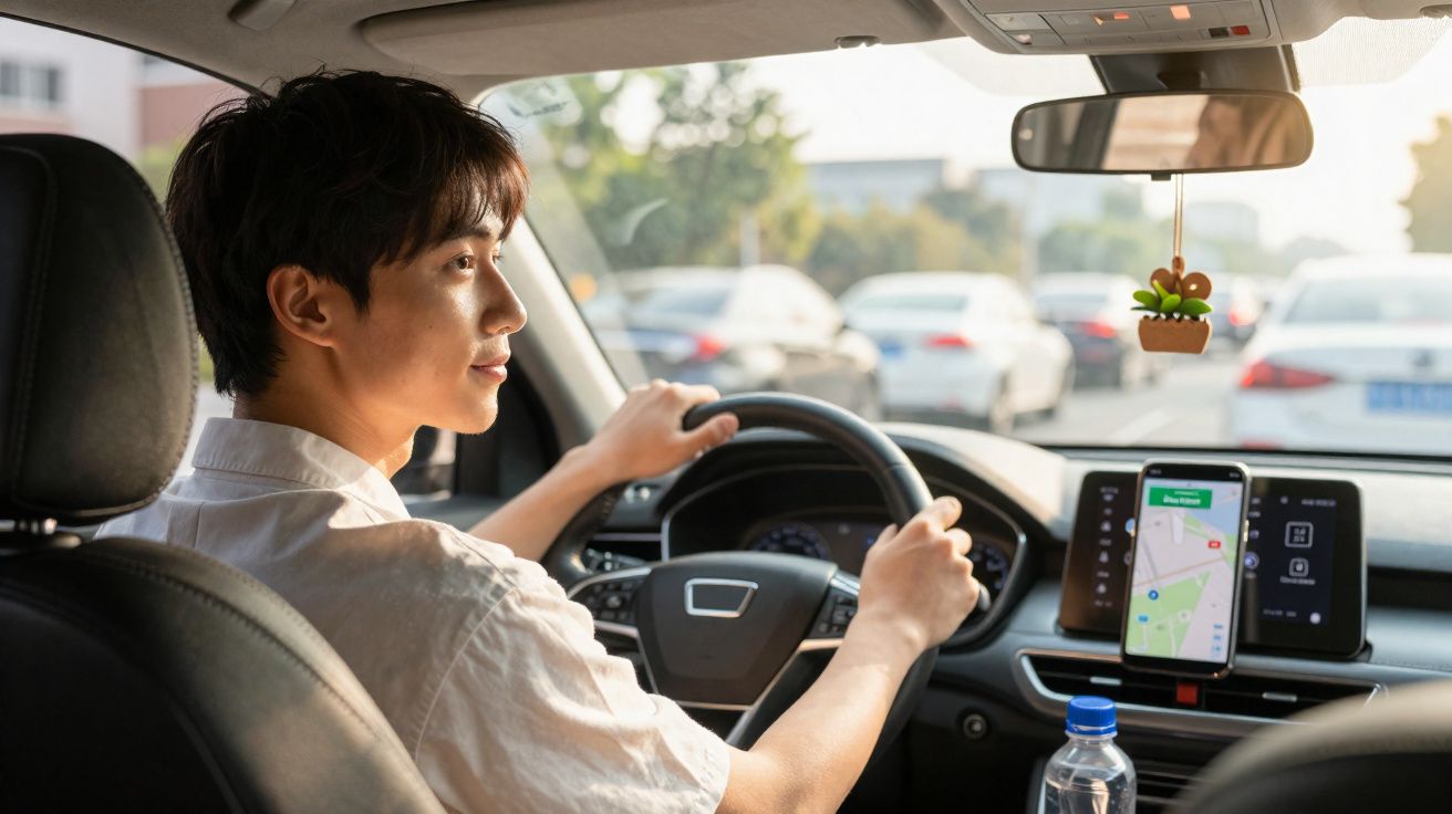 Homem ao volante de carro, com aplicativo de GPS aberto no telemóvel e garrafa de água no suporte.