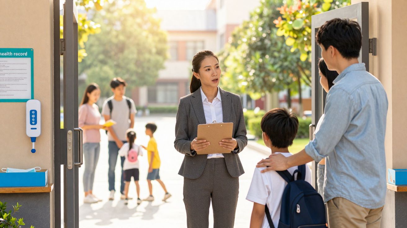 Mulher com prancheta fala com pai e filho à entrada de escola num dia ensolarado.