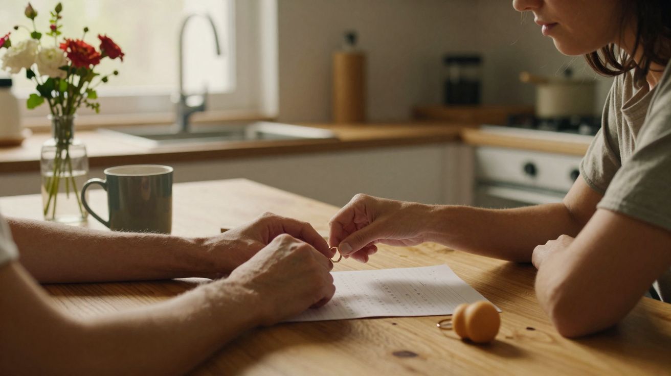 Duas pessoas sentadas à mesa, uma a entregar um anel à outra, com documento e flores em cima.
