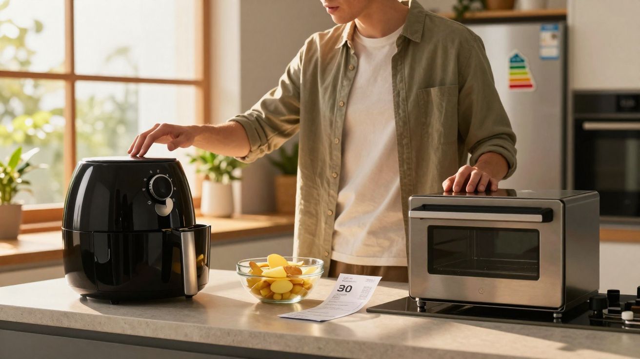Pessoa a usar uma air fryer preta e um forno elétrico, com batatas numa taça na bancada da cozinha.