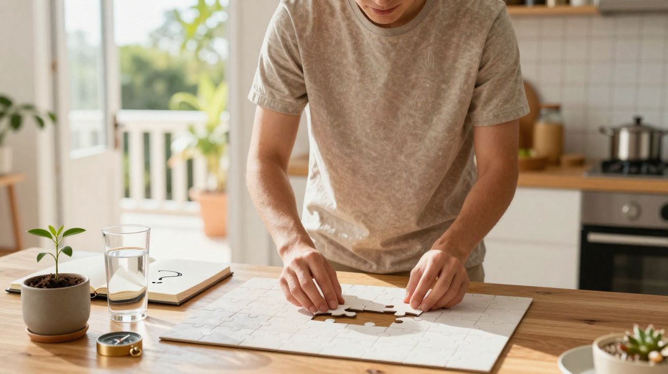 Pessoa a montar um puzzle branco numa cozinha moderna iluminada pela luz natural.