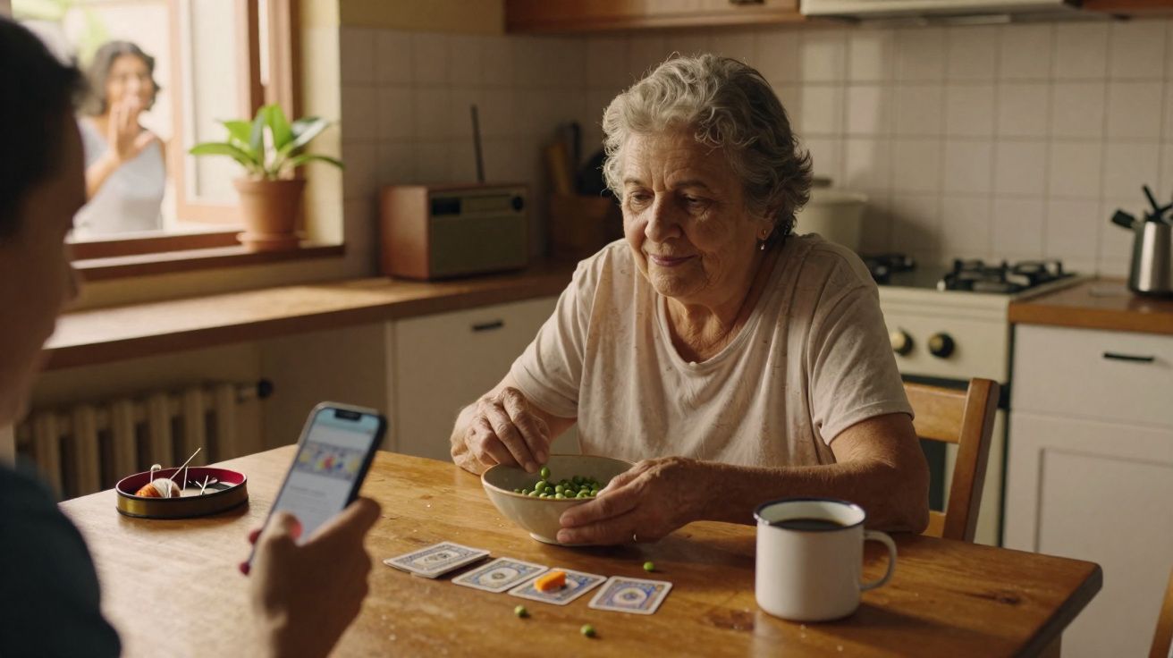 Idosa sentada à mesa a comer ervilhas, homem mexe no telemóvel e mulher observa na janela.