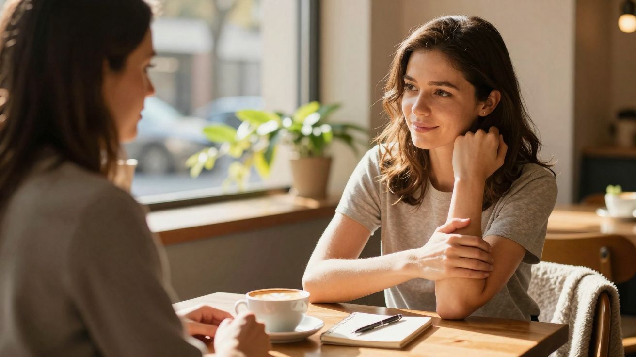 Duas mulheres conversam num café, uma delas sorri enquanto a outra fala, com uma chávena de café e caderno na mesa.