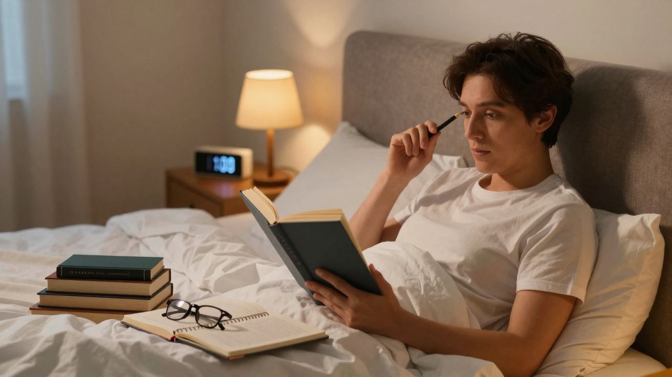 Pessoa sentada na cama a ler um livro, rodeada de livros e cadernos, com candeeiro e relógio digital na mesa.