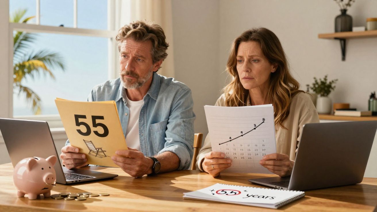 Casal sério analisa documentos financeiros à mesa com dois portáteis e cofrinho de porquinho.