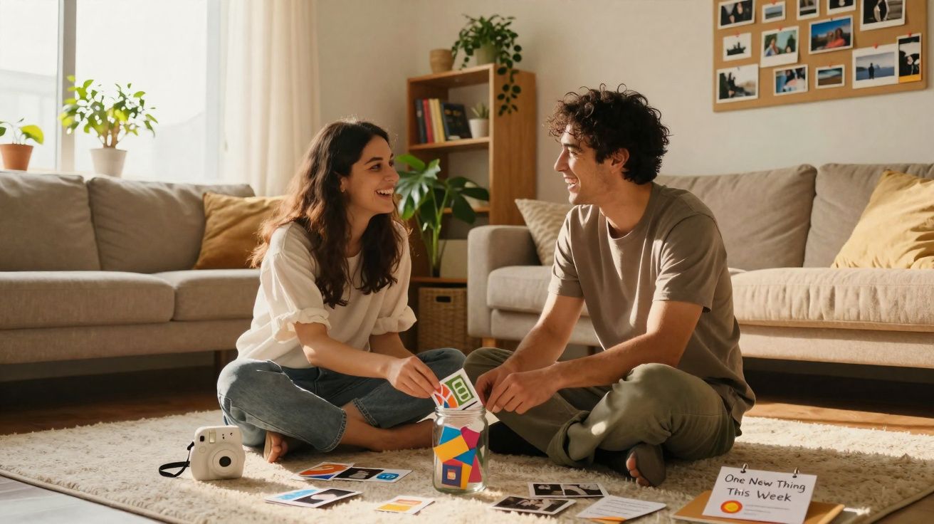 Casal jovem sentado no chão da sala a sorrir e a brincar com cartas coloridas e fotografias.