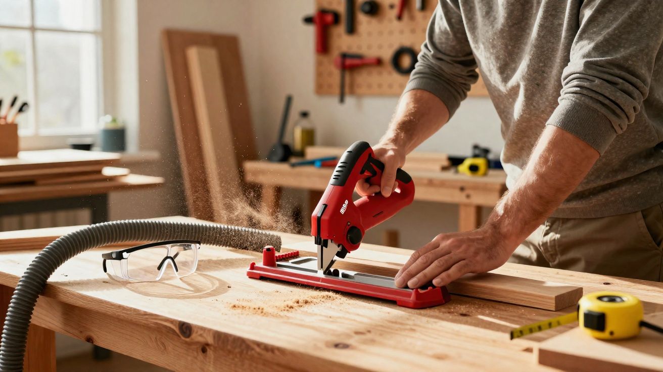 Pessoa a cortar madeira com serra eléctrica vermelha numa bancada de trabalho com ferramentas e óculos de proteção.