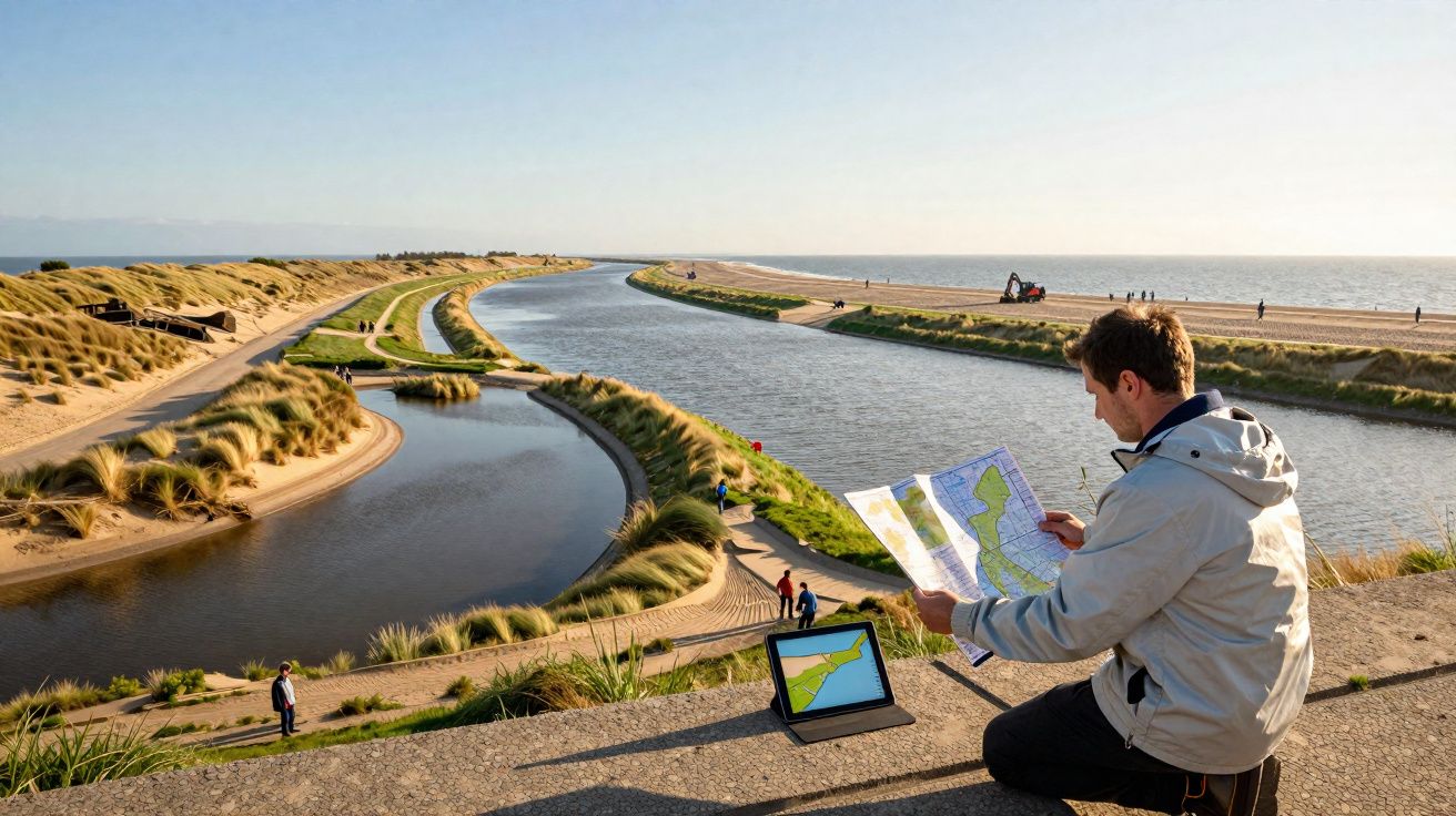 Homem com casaco cinzento segura mapa junto a estuário com vários canais de água e dunas.