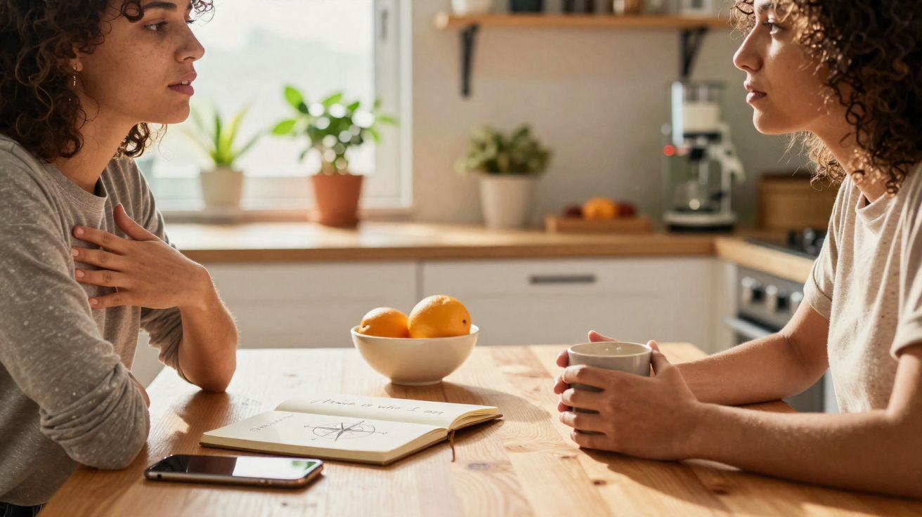 Duas mulheres com cabelo encaracolado conversam sentadas à mesa da cozinha iluminada pela luz natural.