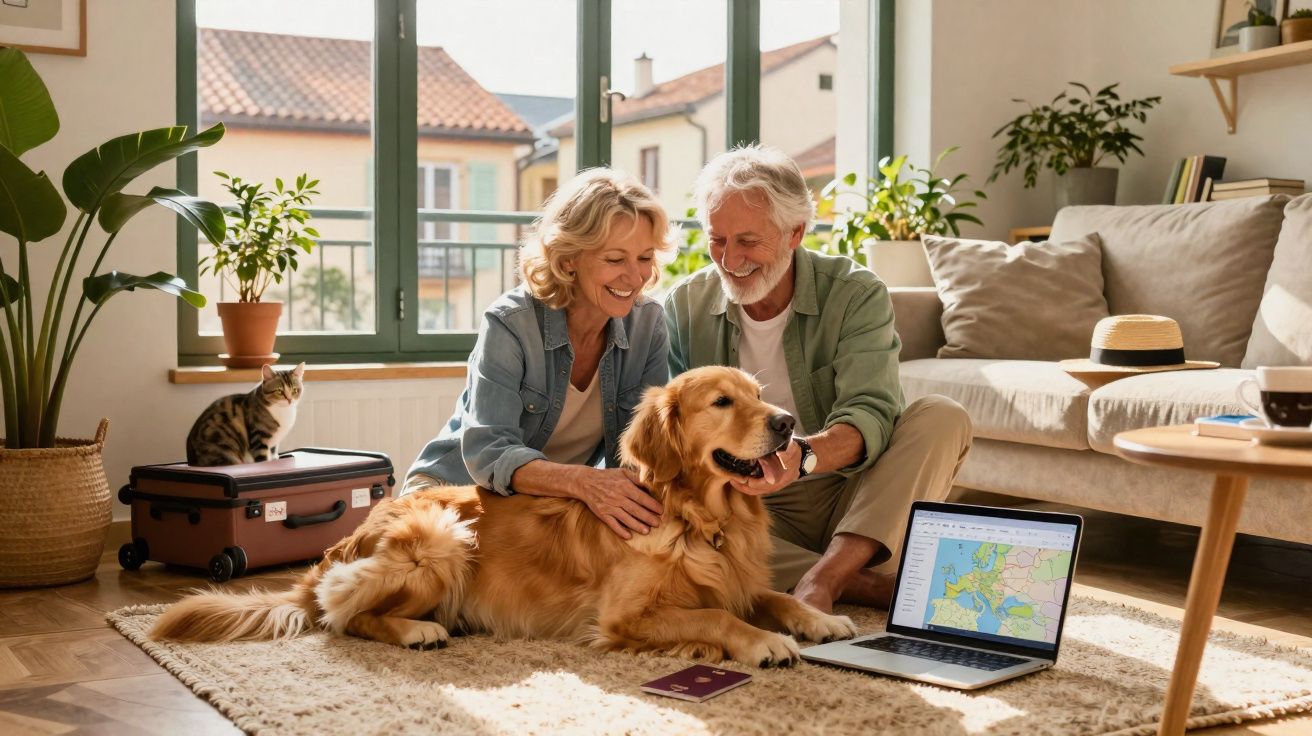 Casal sénior sentado no chão com cão e gato dentro de sala iluminada, laptop aberto com mapa da Europa.