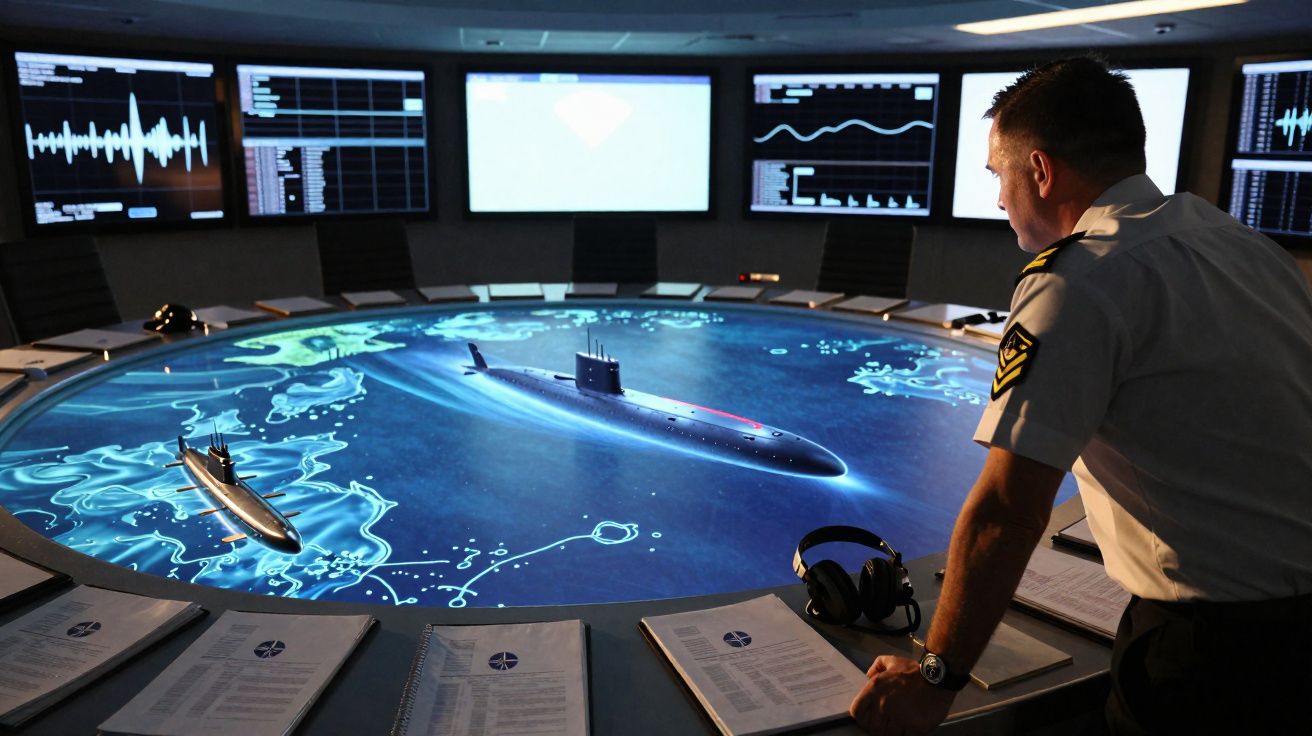 Homem em uniforme observa mesa digital com mapas e modelos de submarinos numa sala de controlo tecnológico.