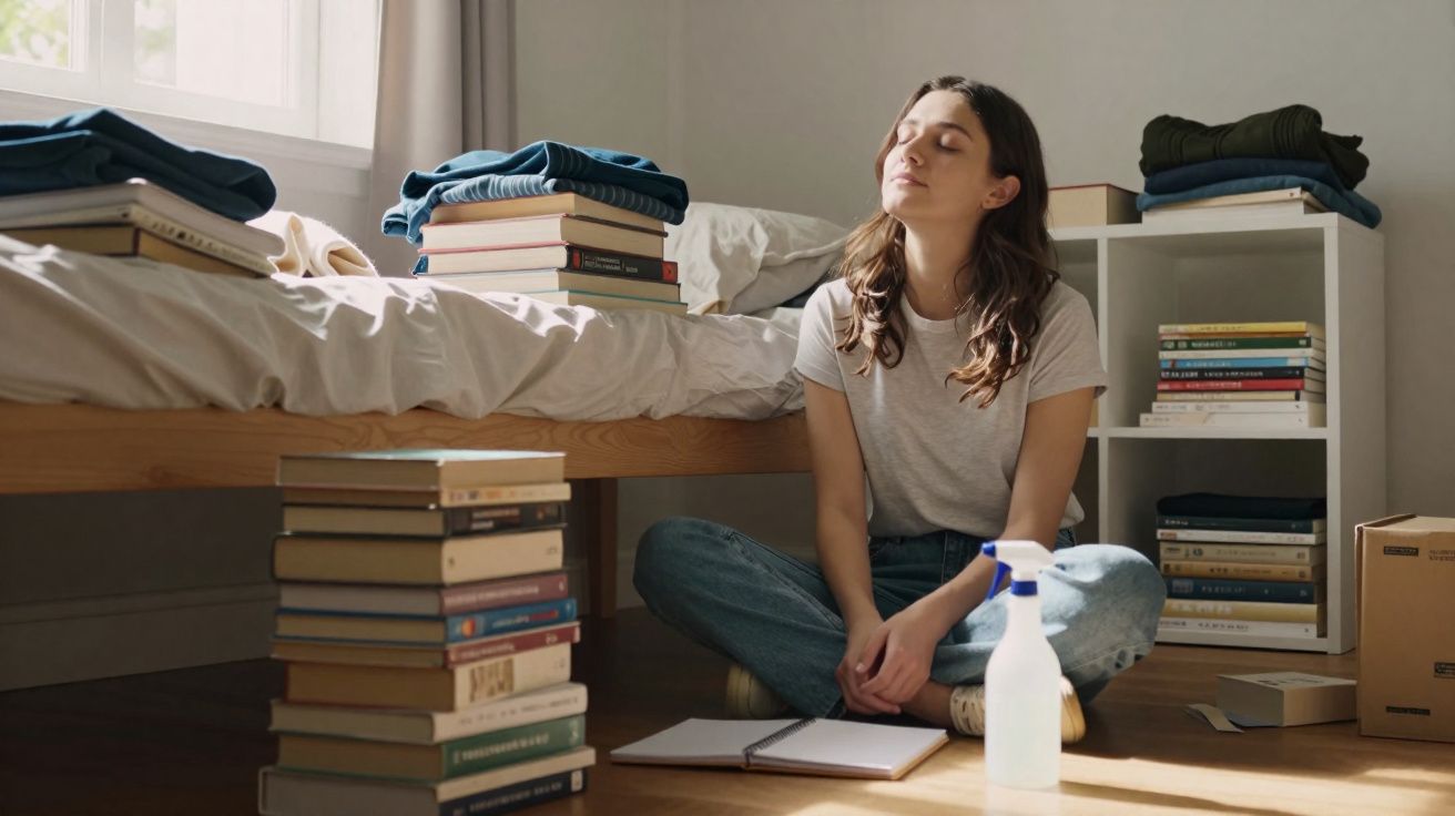 Mulher sentada no chão de quarto rodeada de livros, olhos fechados e expressão tranquila.