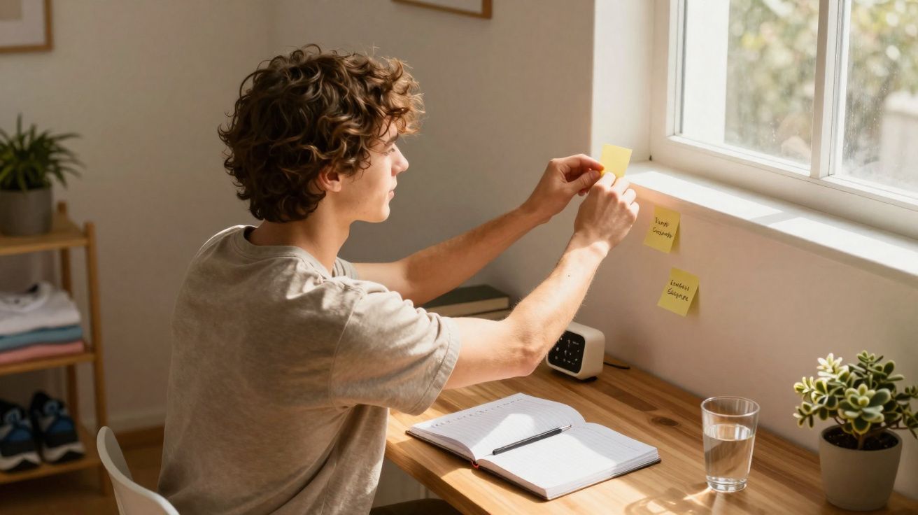 Jovem com cabelo encaracolado a colocar notas adesivas numa janela, sentado numa secretária com caderno e copo de água.
