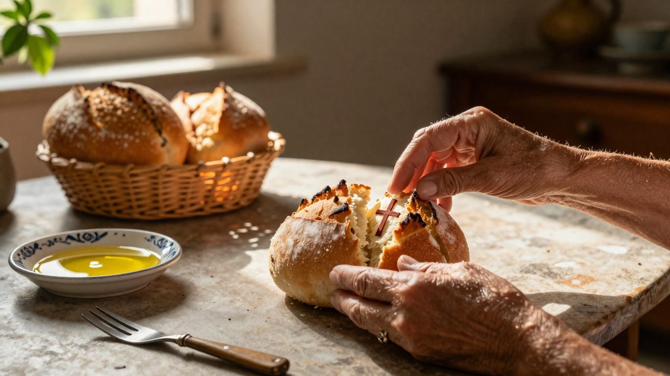 Mãos a partir um pão tradicional com um pequeno crucifixo no centro numa mesa com pão e prato de azeite.