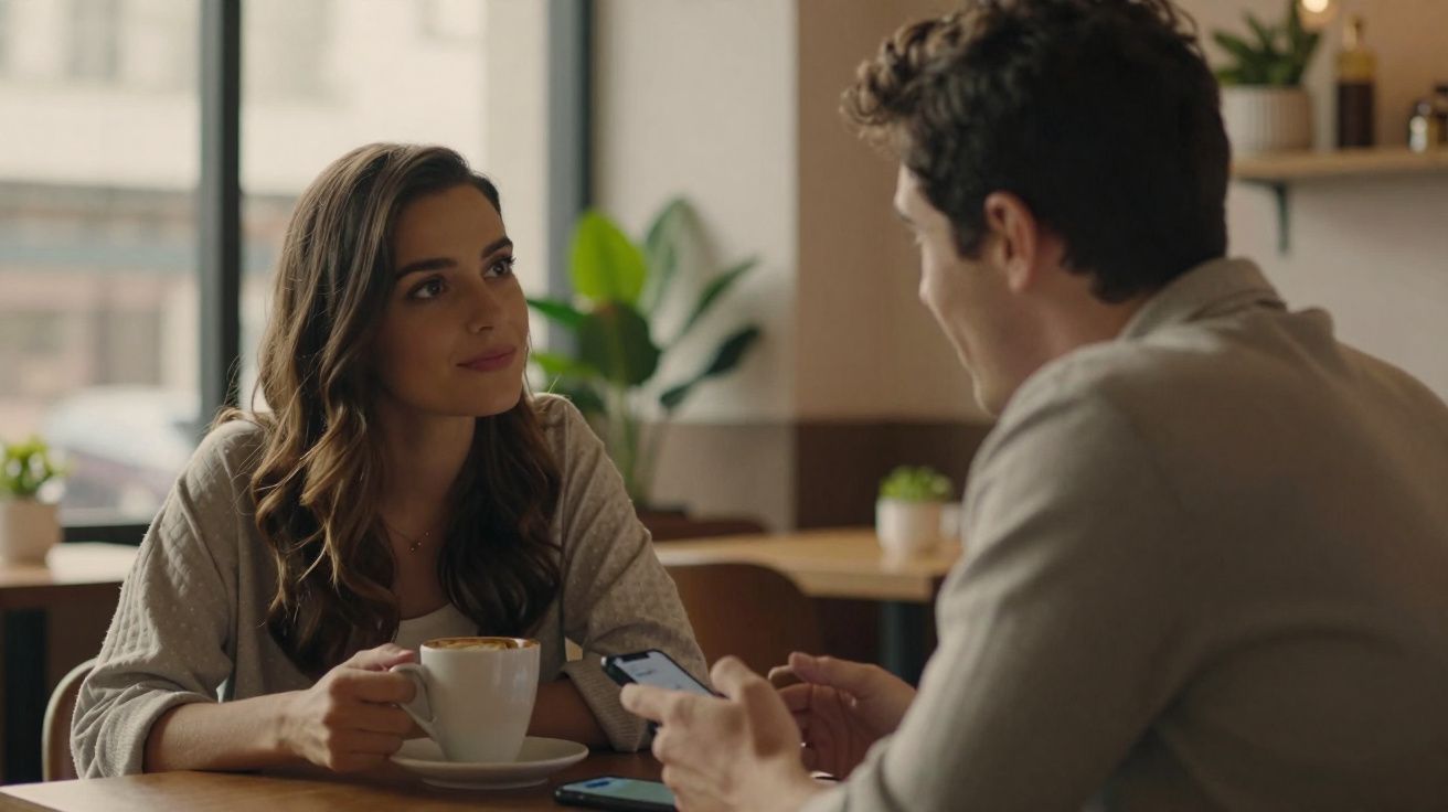 Mulher e homem sentados num café, ela segura chávena, ele mostra algo no telemóvel.