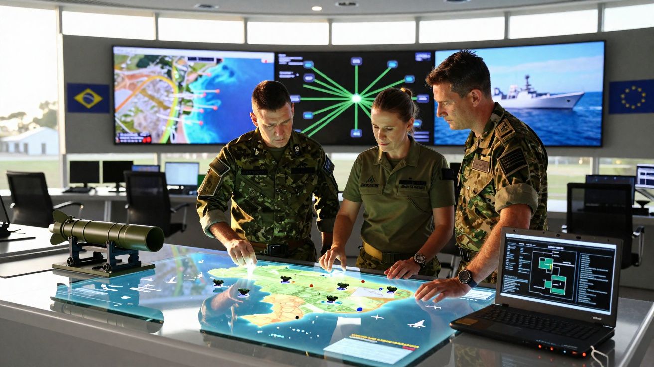 Três militares em uniforme analisam mapa digital interativo numa sala de comando com ecrãs ao fundo.