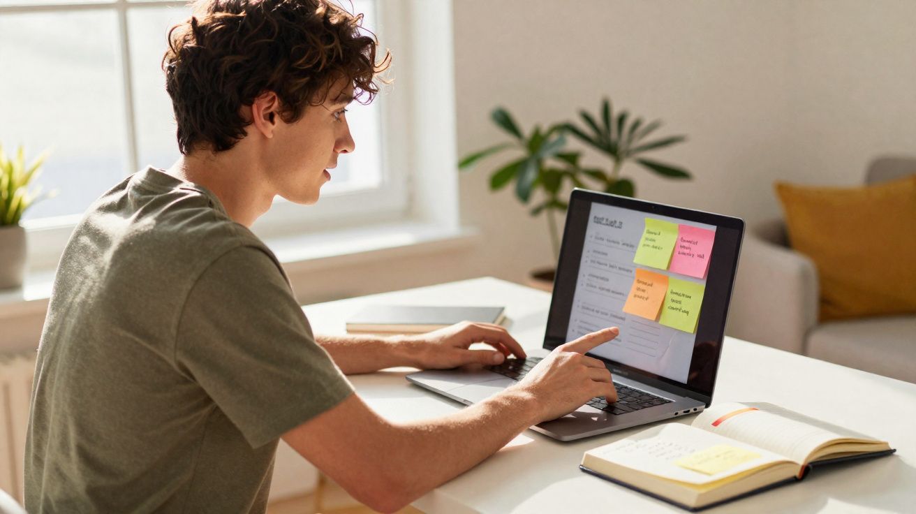 Jovem a estudar num computador portátil com notas autocolantes em destaque numa mesa com caderno aberto.