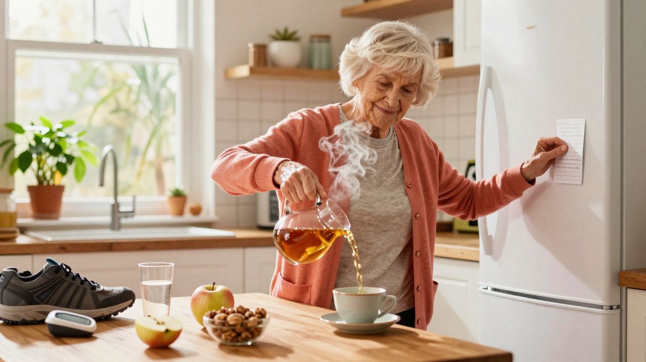 Idosa a servir chá numa chávena na cozinha enquanto segura uma lista colada no frigorífico.