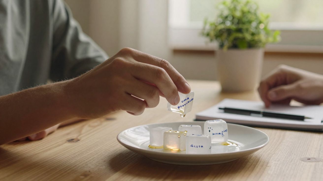 Mãos seguram cubos de gelo com palavras escritas, derretendo num prato branco numa mesa de madeira.
