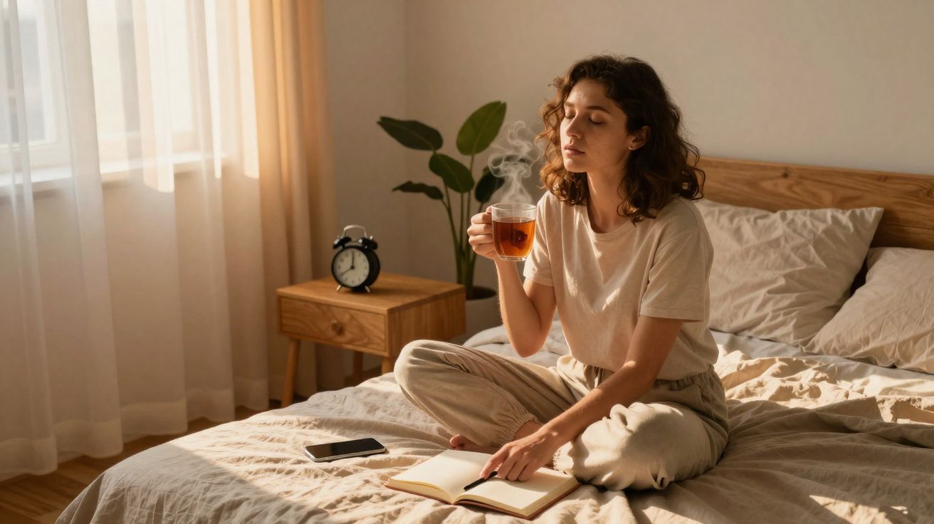 Mulher sentada na cama, a beber chá e a ler livro numa manhã iluminada pela luz natural.