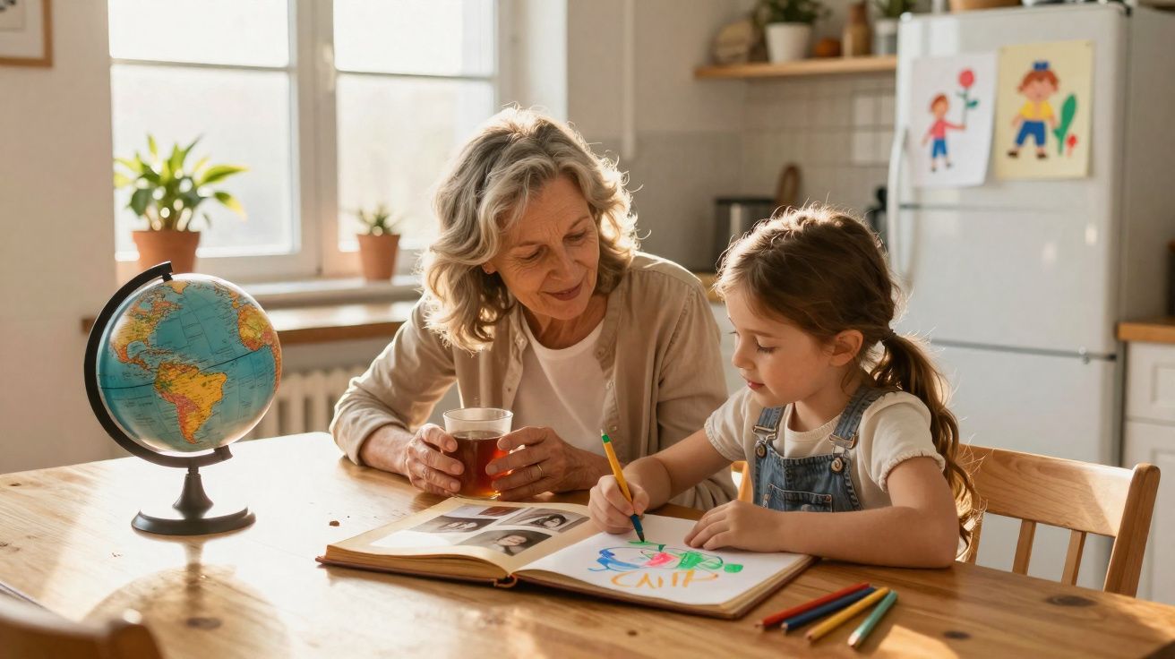 Avó e neta desenham e folheiam um álbum numa mesa com globo terrestre numa cozinha iluminada.