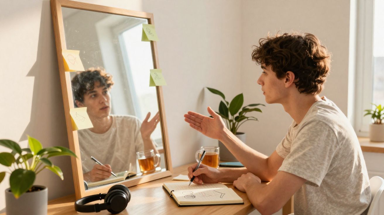 Jovem sentado à secretária a desenhar e conversar consigo próprio refletido num espelho com notas coladas.