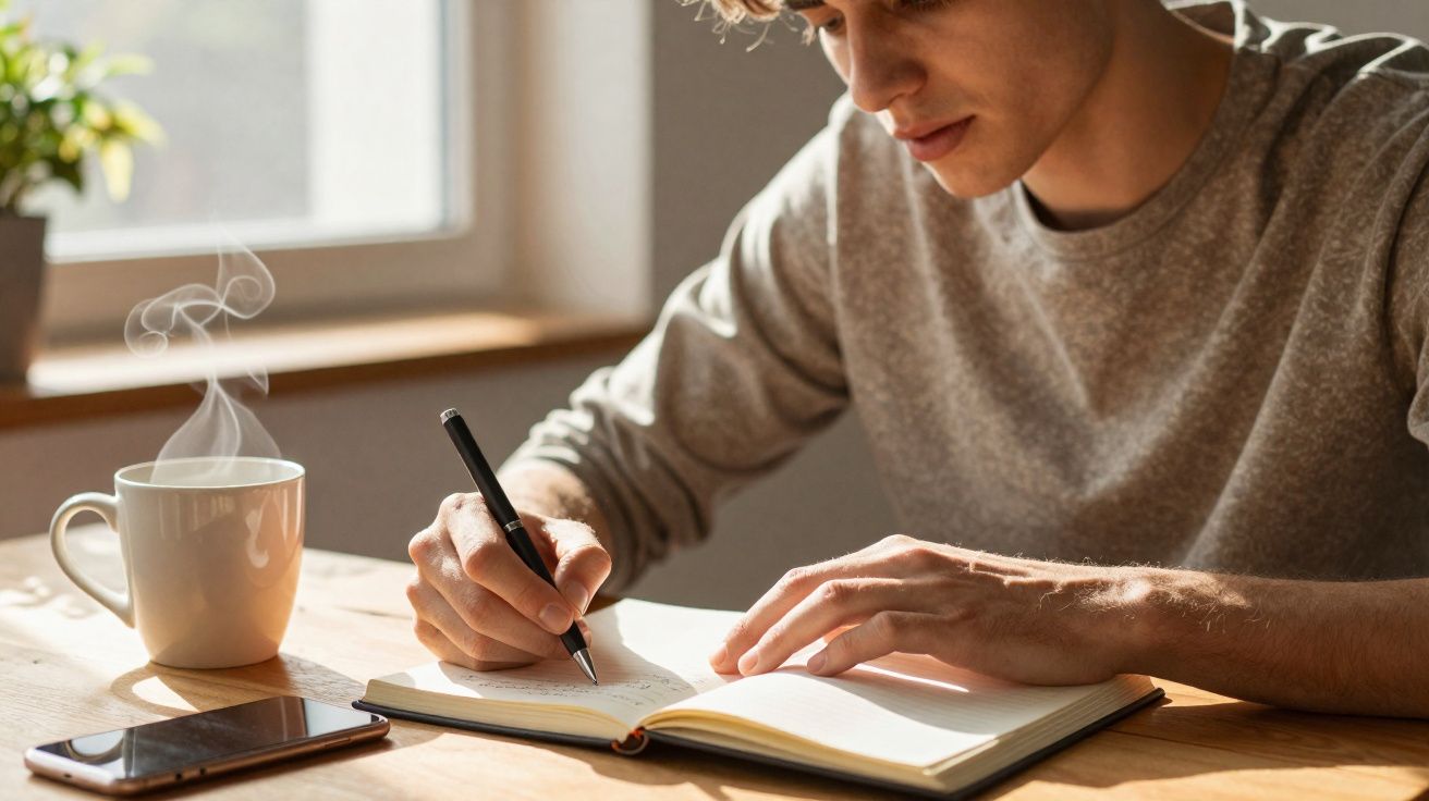 Homem jovem sentado a escrever num caderno numa mesa com chá quente e telemóvel próximo, luz natural.