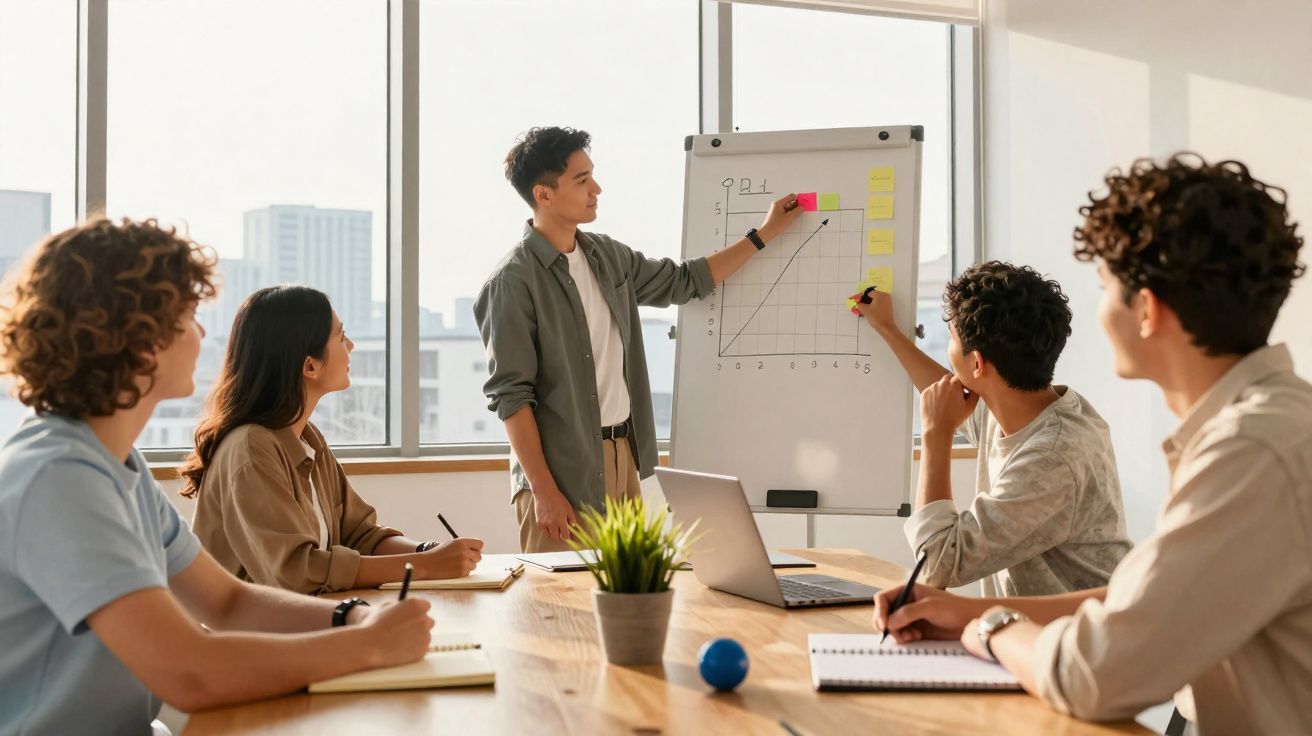 Grupo jovem numa reunião de trabalho, com apresentação gráfica num quadro branco numa sala com luz natural.
