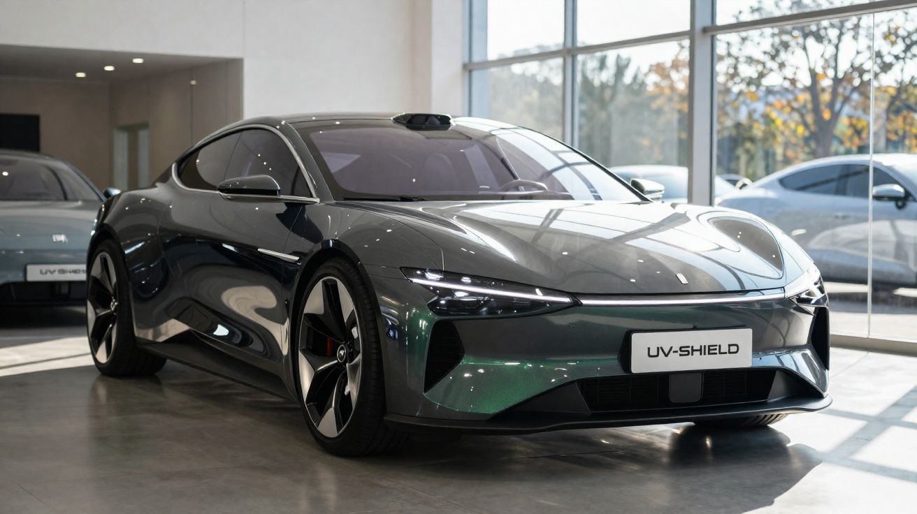 Carro elétrico cinza escuro com design futurista exposto numa sala moderna com janelas grandes.