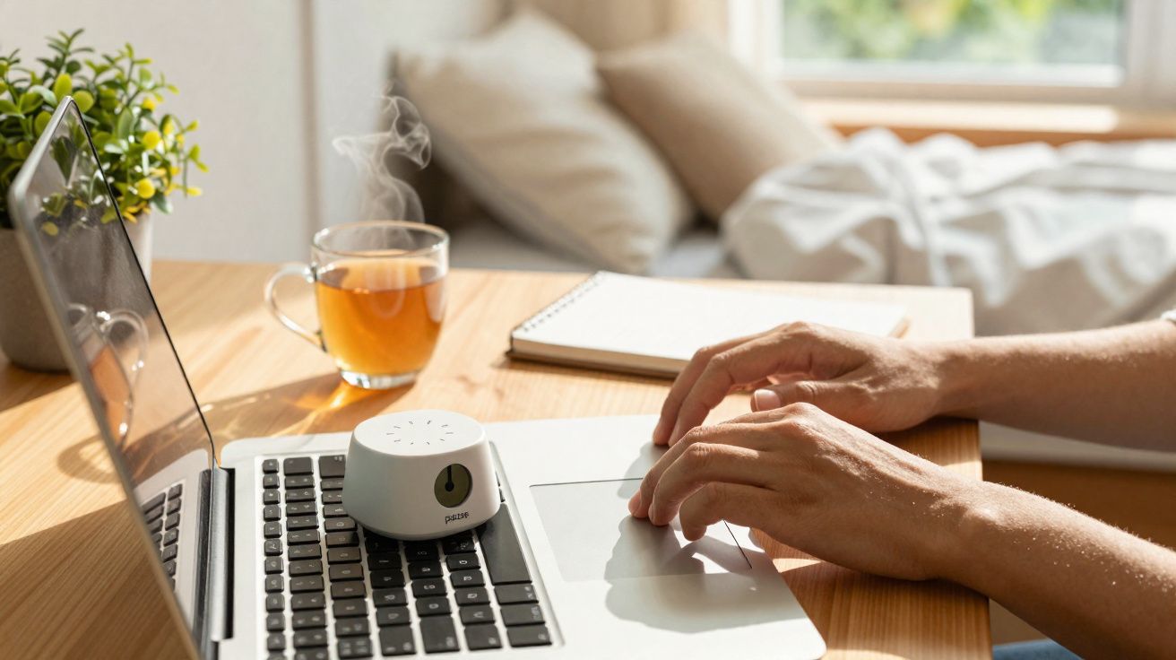 Pessoa a trabalhar num portátil com chá quente e ambientador numa mesa iluminada pela luz natural.