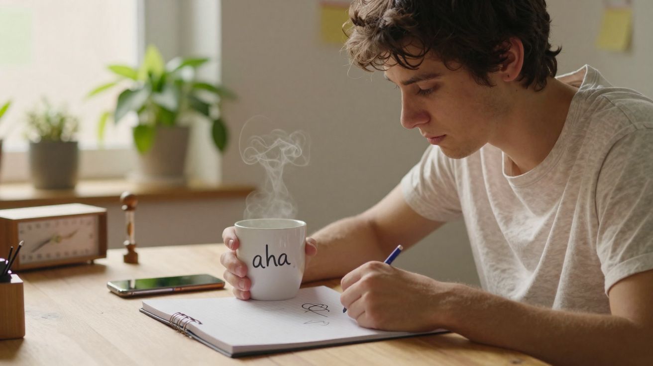 Jovem a escrever num caderno com caneta azul enquanto segura caneca branca com vapor e palavra "aha".