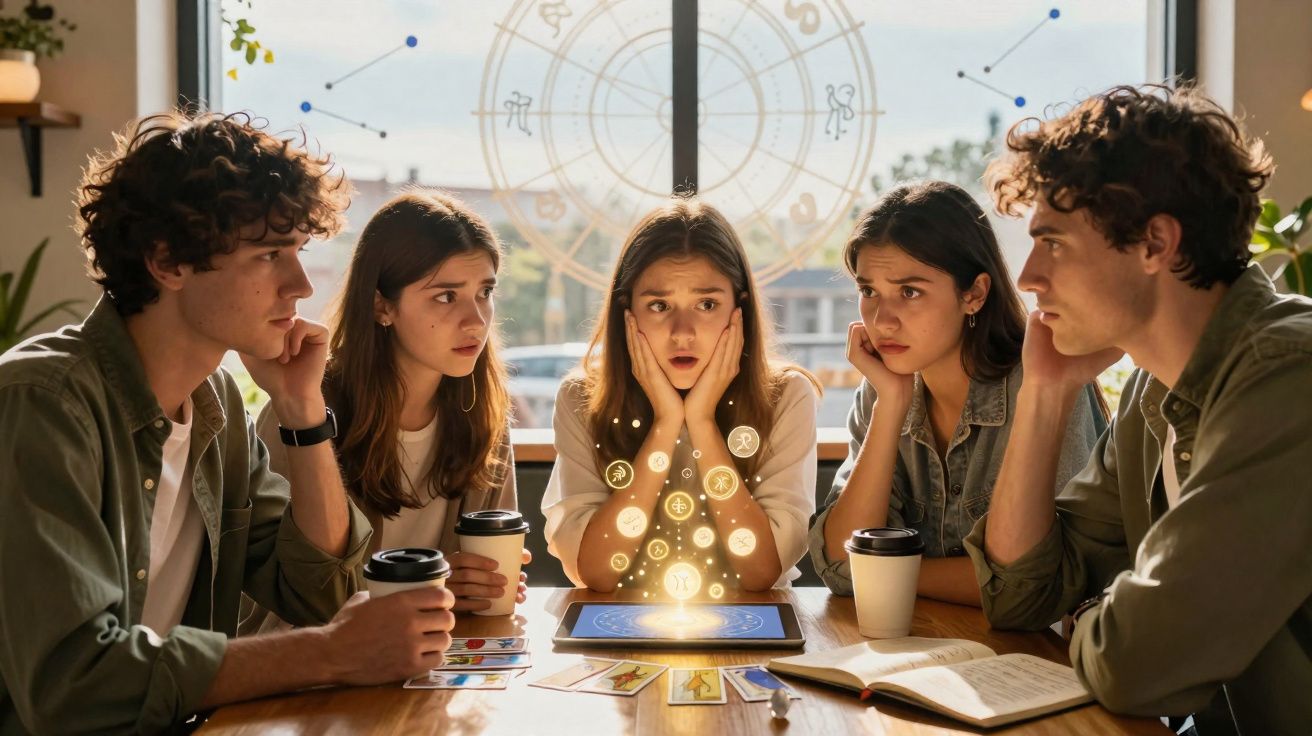 Jovens atentos em volta de mesa com tablet e símbolos de astrologia a brilhar no ecrã.