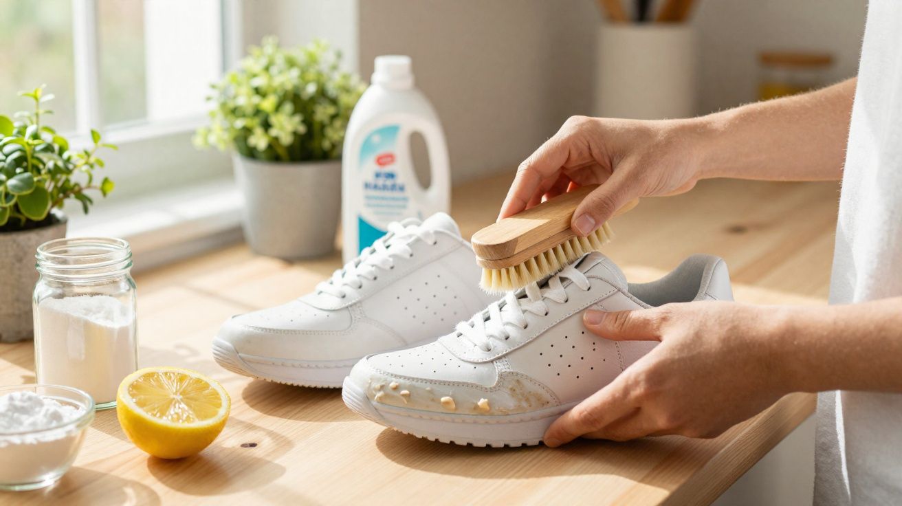 Pessoa a limpar ténis brancos com escova, ao lado de limão e produtos de limpeza numa mesa de madeira.