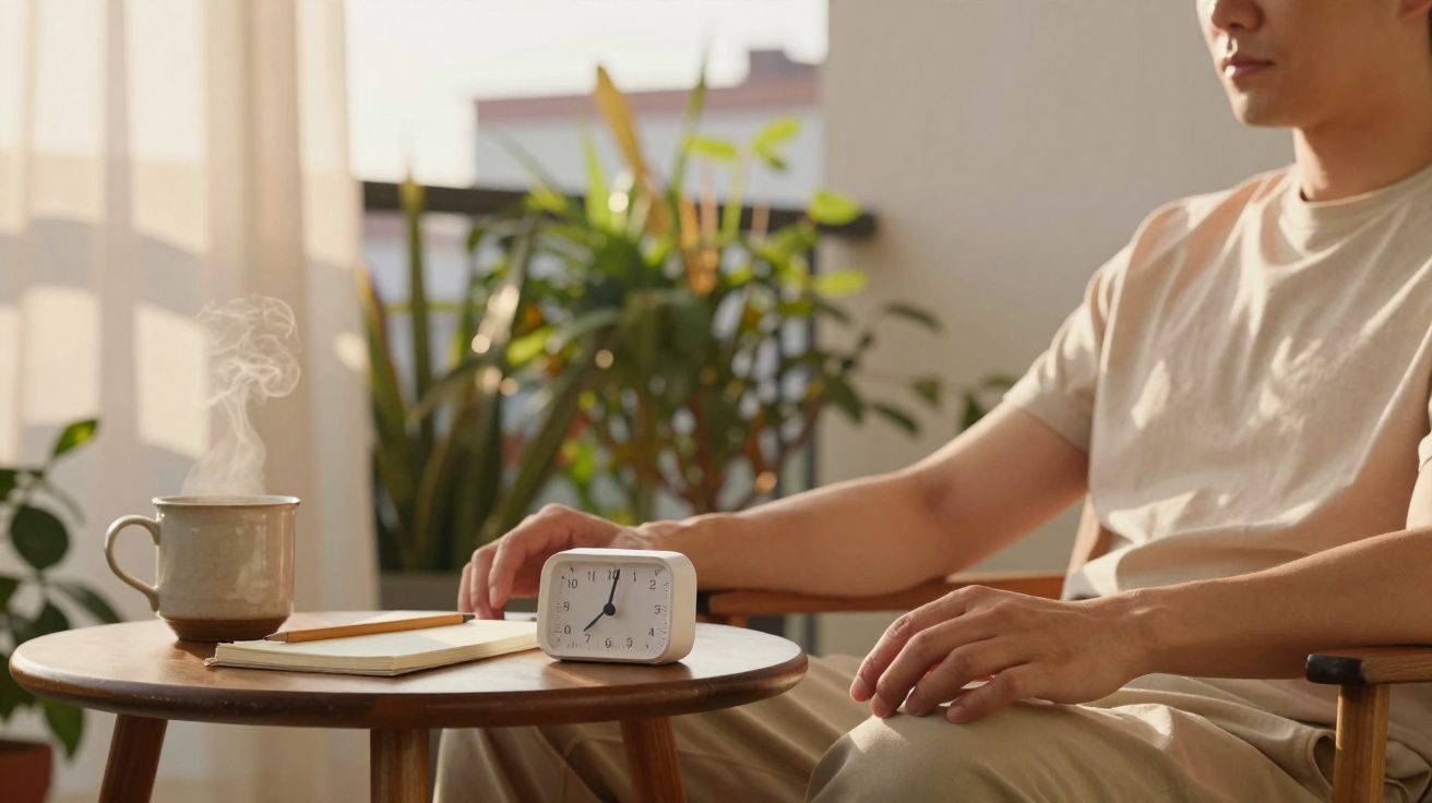 Homem sentado ao lado de mesa com relógio, caderno e chá a levantar vapor em ambiente iluminado.