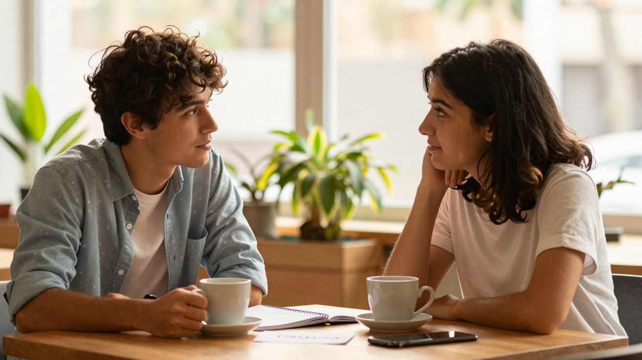 Dois jovens sentados numa mesa a conversar e a beber café numa cafeteria iluminada pela luz natural.