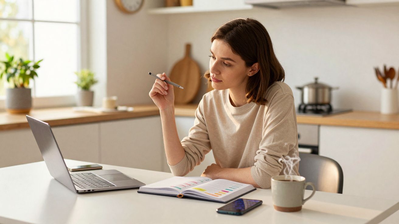 Mulher sentada numa cozinha a trabalhar com portátil, caderno, telemóvel e chá quente numa mesa branca.