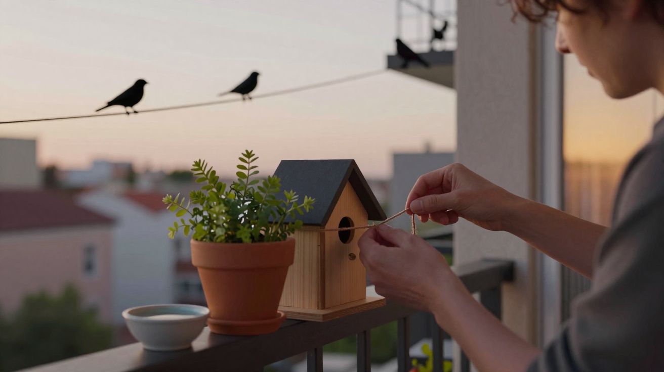 Pessoa a instalar uma corda numa casa de passarinho num terraço com plantas e pardais ao fundo.