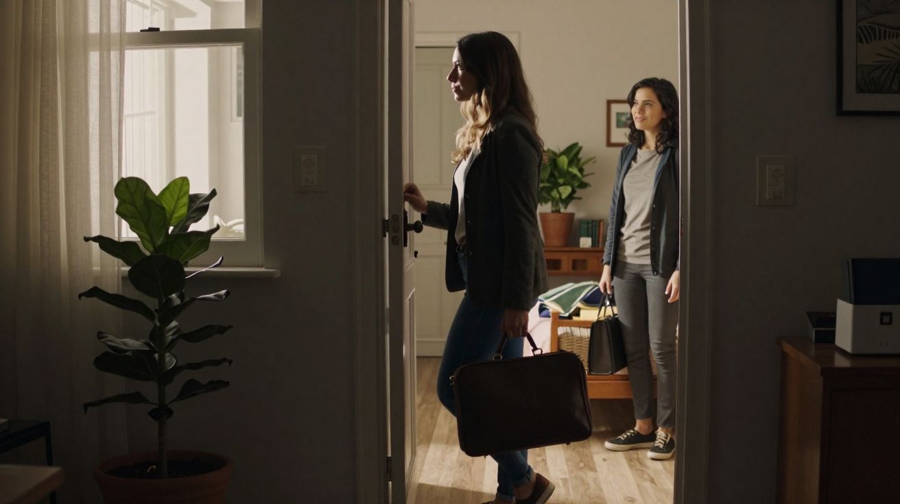 Duas mulheres em casa, uma a abrir a porta e outra com mala, luz natural entra pela janela.