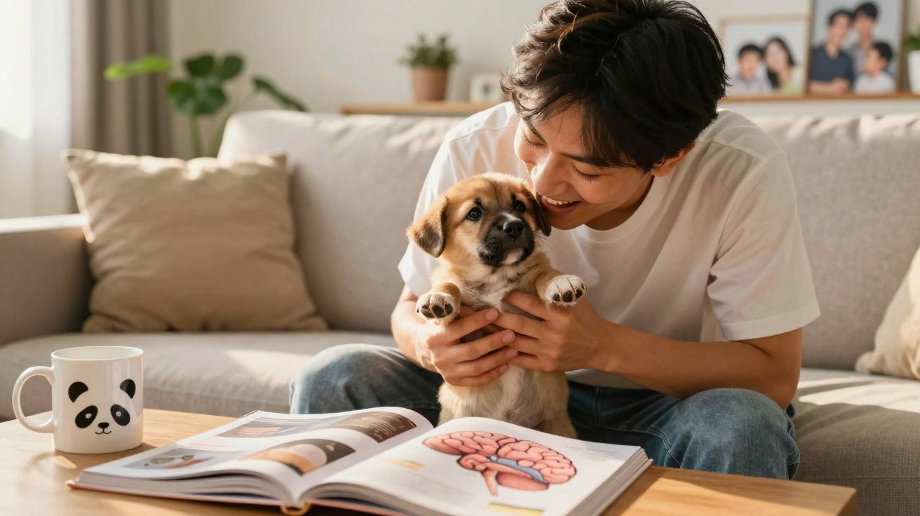Jovem sorridente segura cãozinho enquanto está sentado no sofá com livro aberto sobre mesa.