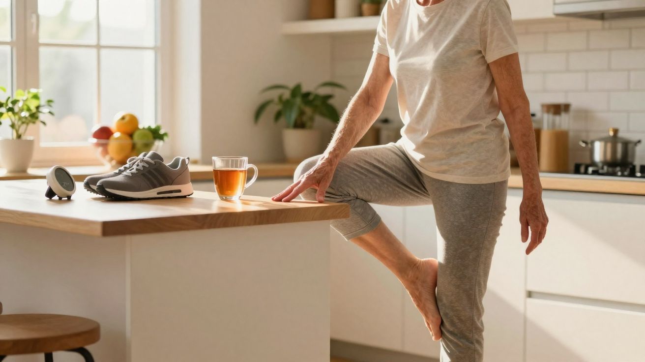 Pessoa a fazer alongamentos numa cozinha moderna, apoiada numa bancada com ténis e chá.