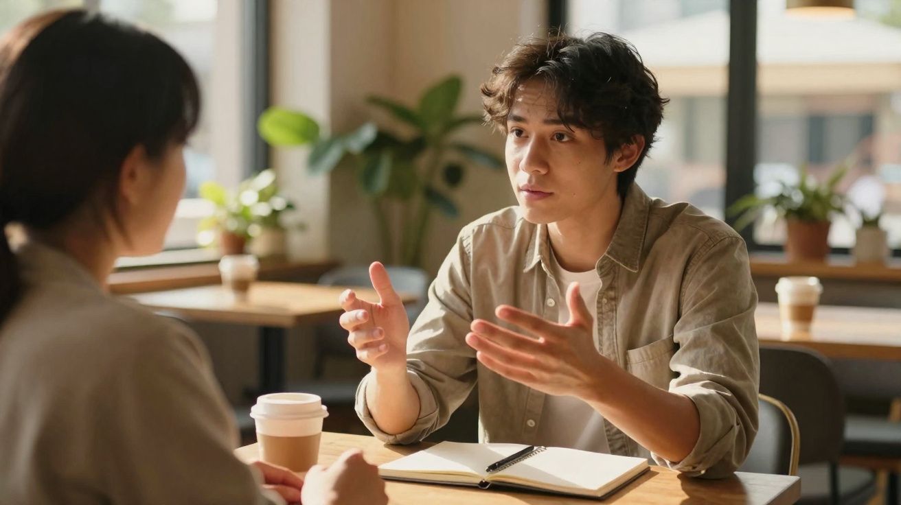 Dois jovens conversam numa mesa de café com um caderno aberto e copos de café de plástico.