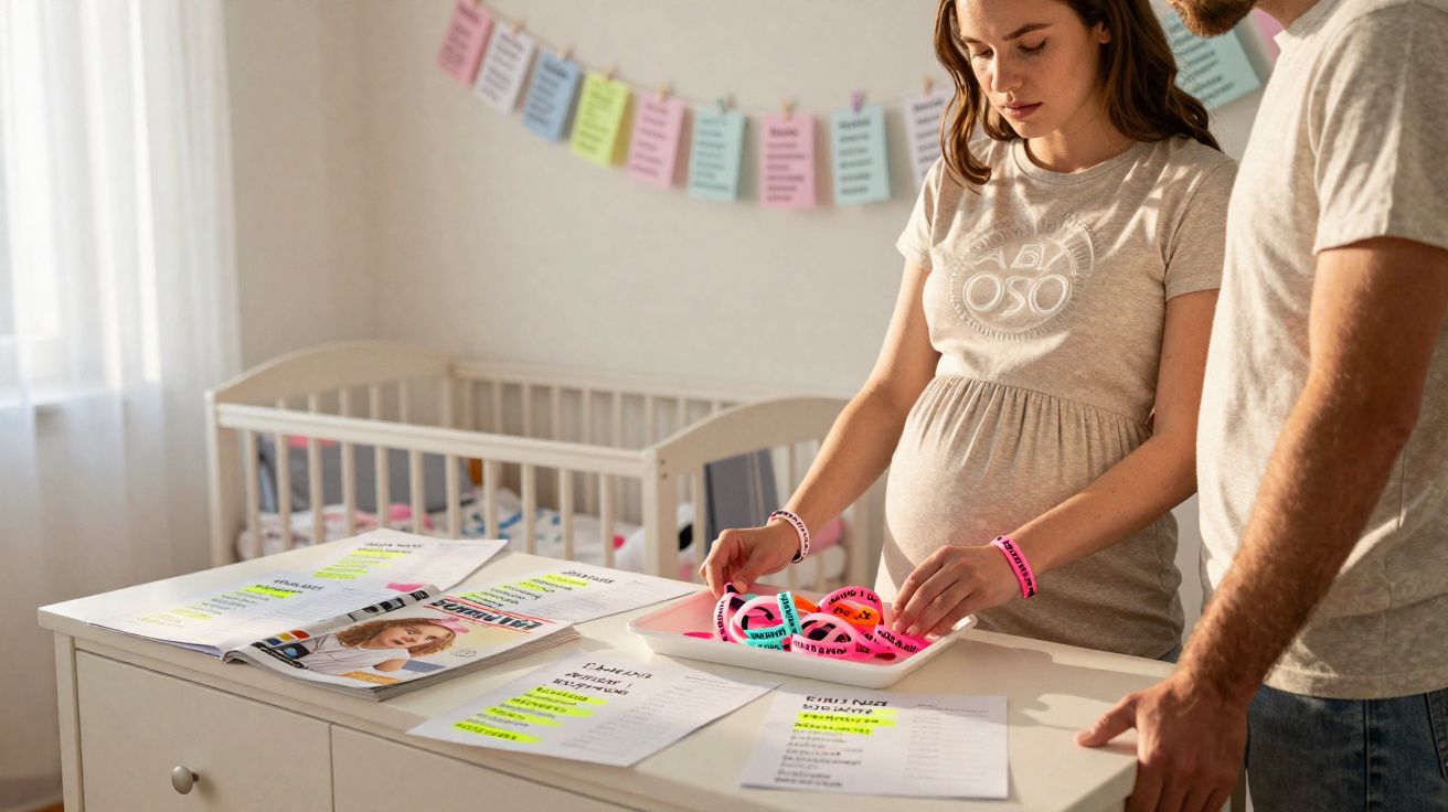 Casal prepara pulseiras coloridas numa divisão com berço e listas destacadas numa cómoda branca.