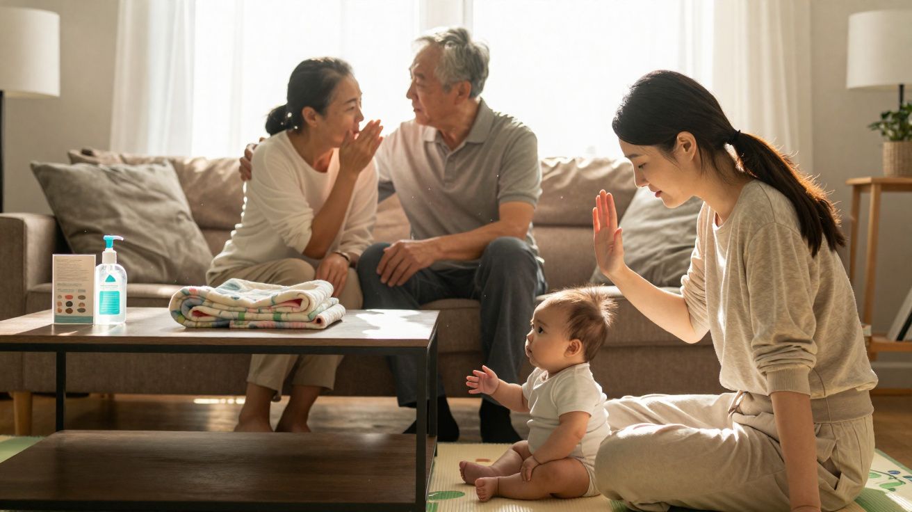 Família multigeracional sentada na sala, com bebé a interagir com mulher no chão e dois adultos no sofá a conversar.
