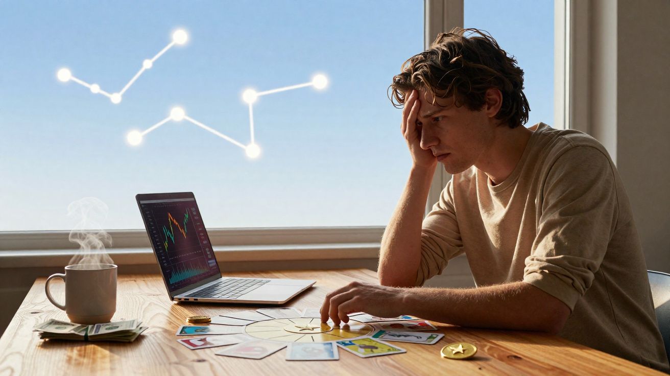 Homem a analisar cartas de tarô e gráficos num computador, com padrão astral no céu através da janela.