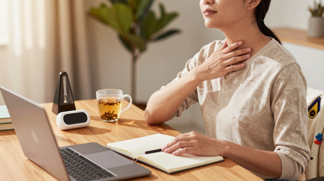 Pessoa sentada a trabalhar num escritório com computador portátil, segurando a garganta, aparentando desconforto.